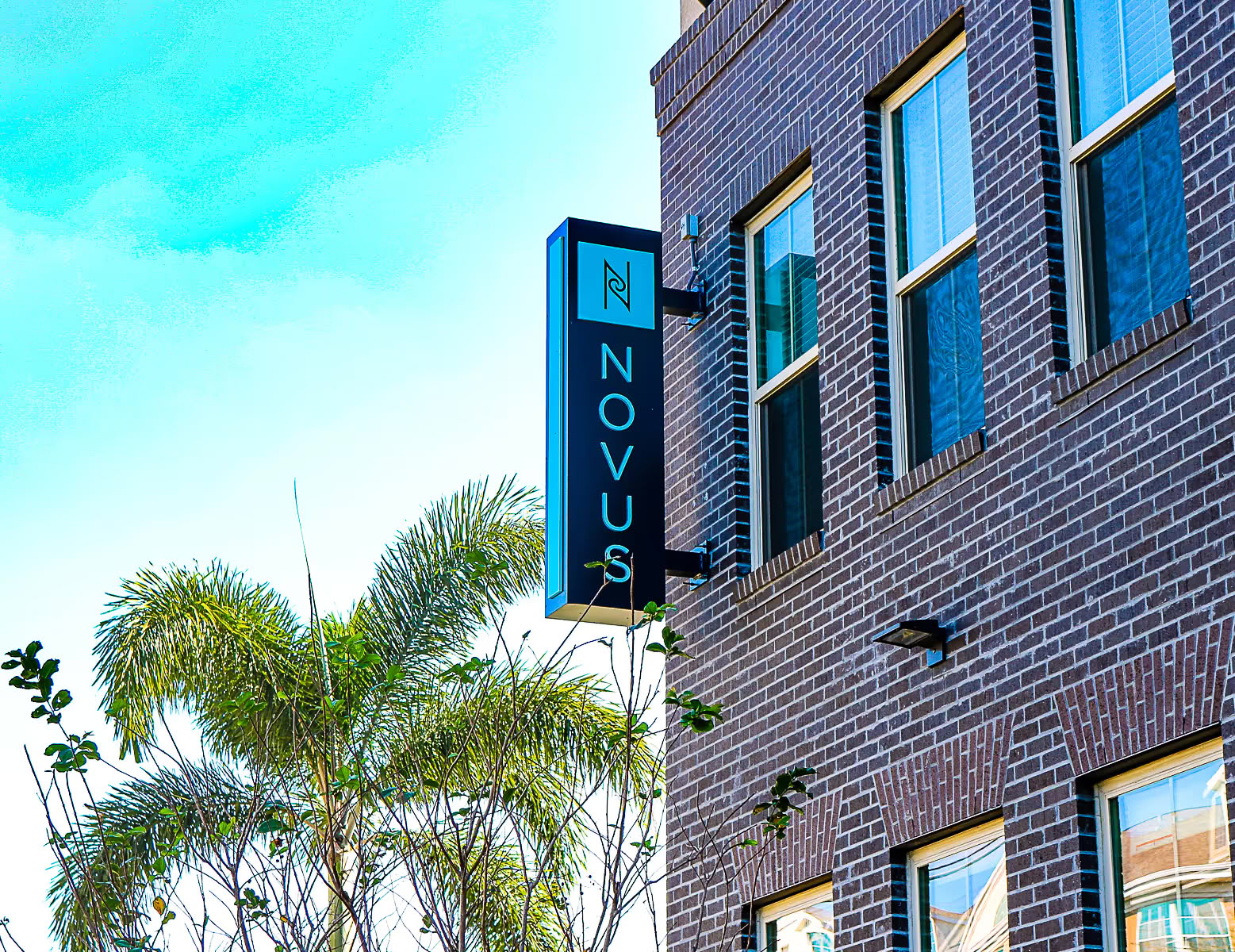 Vertical "NOVUS" sign on a brick building in Tampa FL, with palm trees and a bright sky—enjoy walkable living at Varela Westshore.