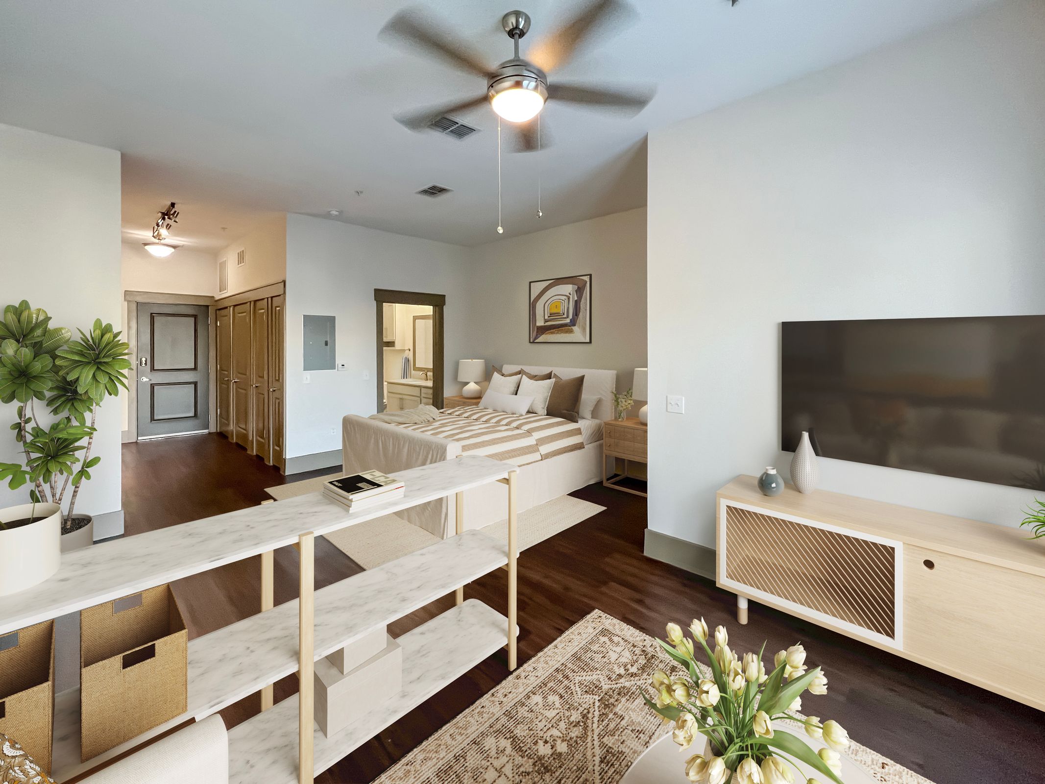 Modern studio apartment with a bed, TV, wooden furniture, ceiling fan, plants, and neutral-toned decor.