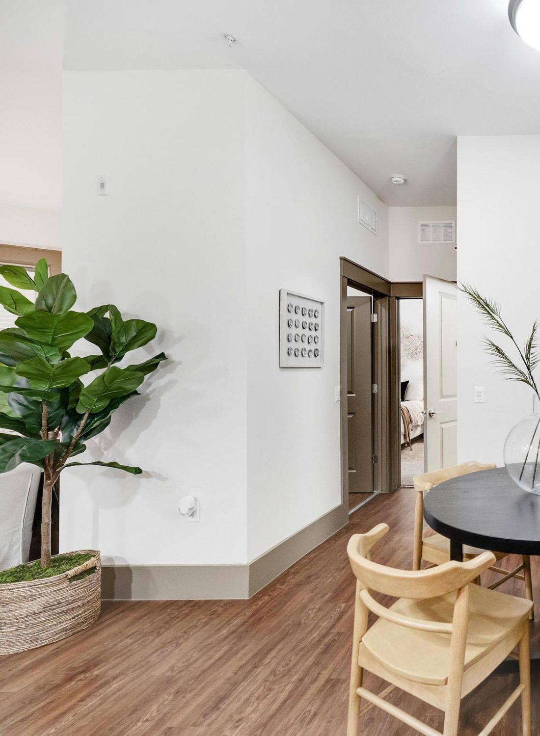 Round black dining table with four wooden chairs, plant centerpiece, large mirror, and potted tree in corner.